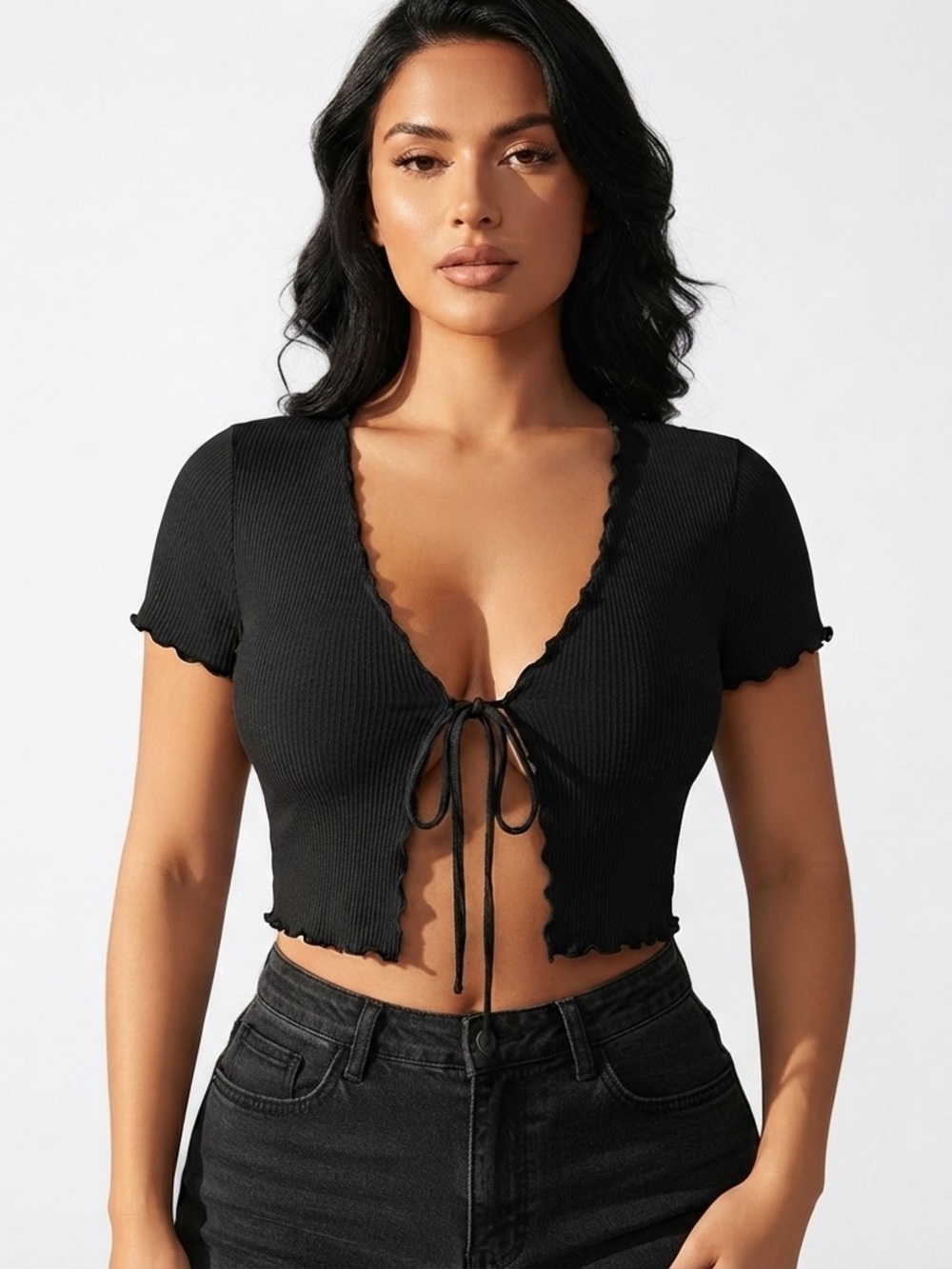 Black Tie Front Crop Top Blouse